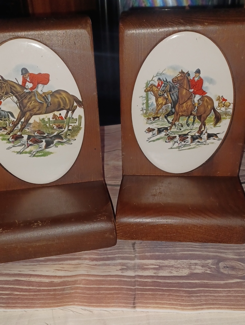 Fox Hunt Hunting  Pair Of Wooden Bookends  Vintage